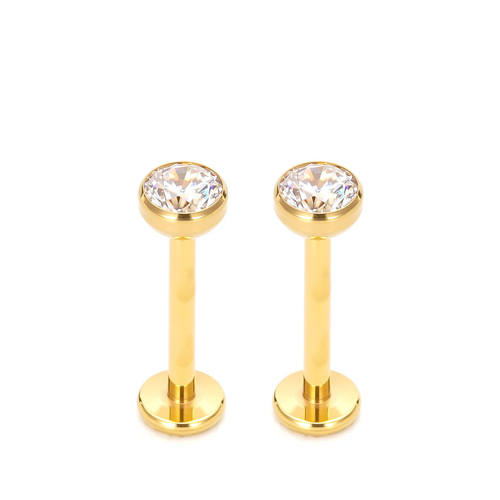 Bezel CZ 18K Gold PVD F136 Titanium Flat Back Stud Earrings