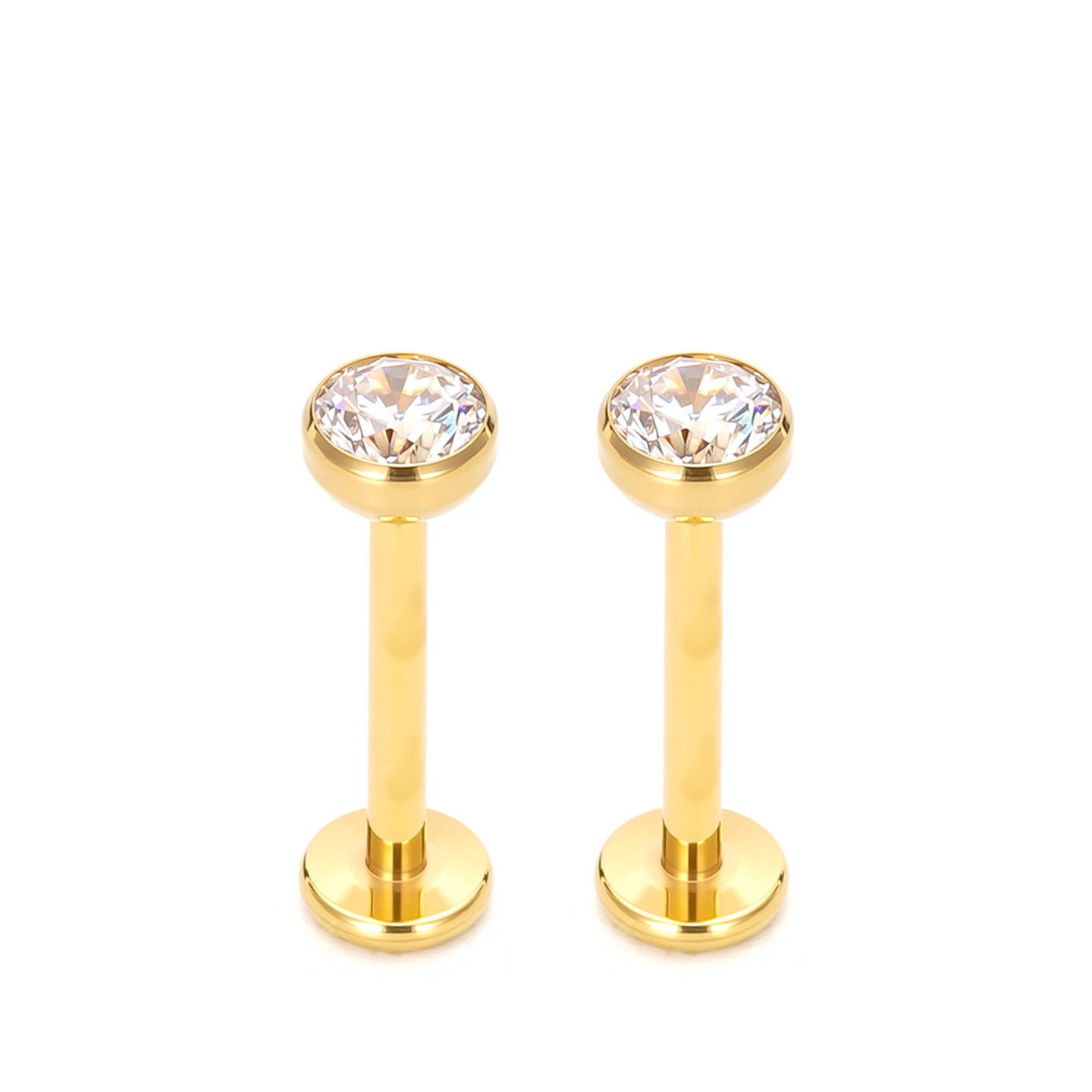 Bezel CZ 18K Gold PVD F136 Titanium Flat Back Stud Earrings