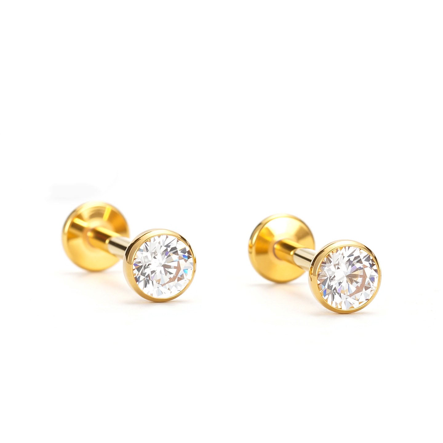 Bezel CZ 18K Gold PVD F136 Titanium Flat Back Stud Earrings