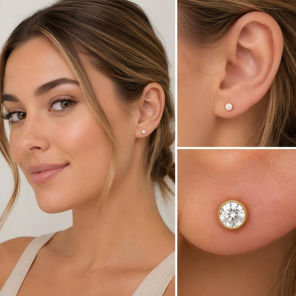 Bezel CZ 18K Gold PVD F136 Titanium Flat Back Stud Earrings