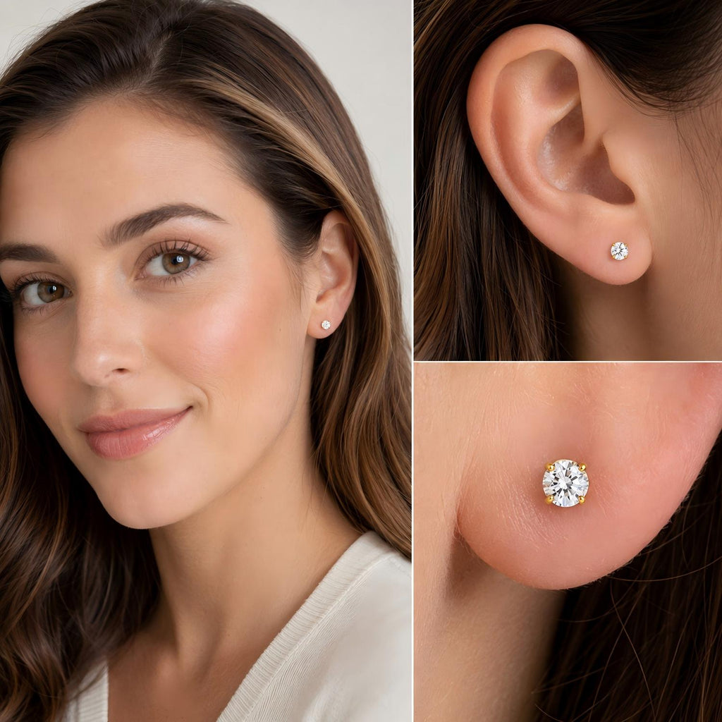 Prong Set CZ 18K Gold PVD F136 Titanium Flat Back Stud Earrings