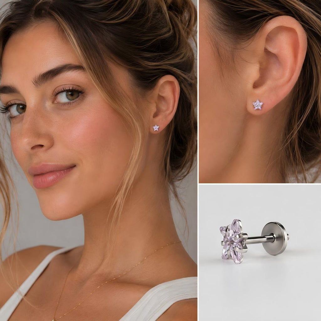 Single Blue Star CZ F136 Titanium Flat Back Stud