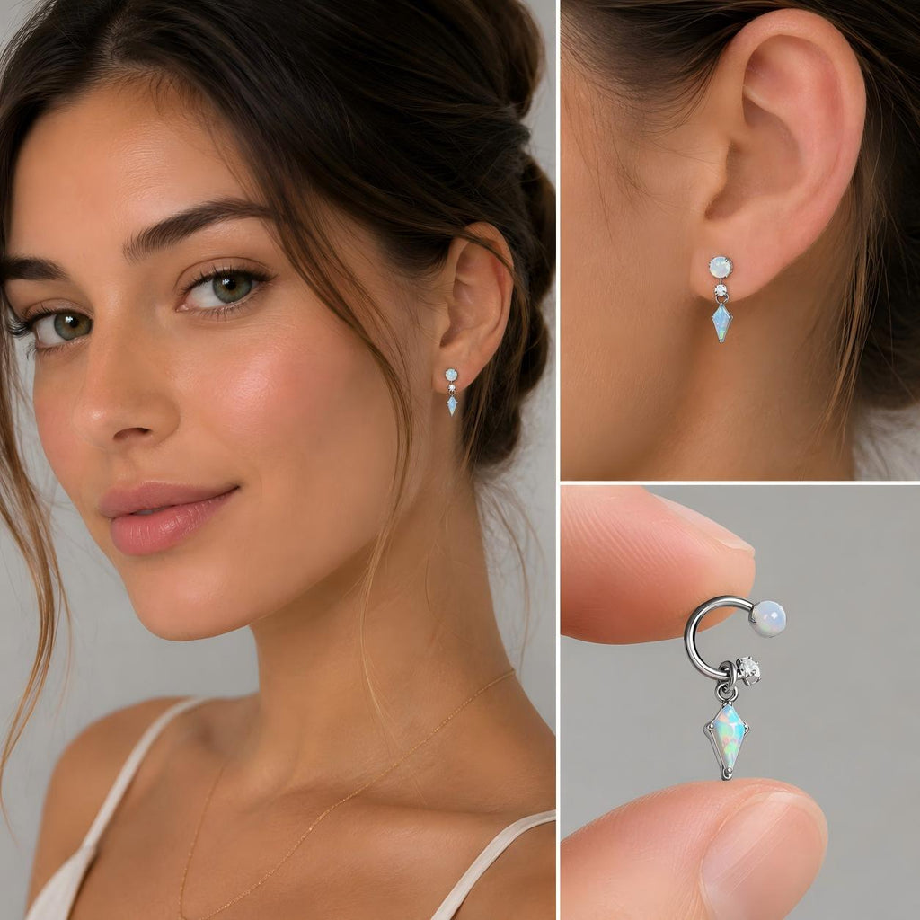 Single Diamond Opal F136 Titanium Horseshoe Hoop Earring