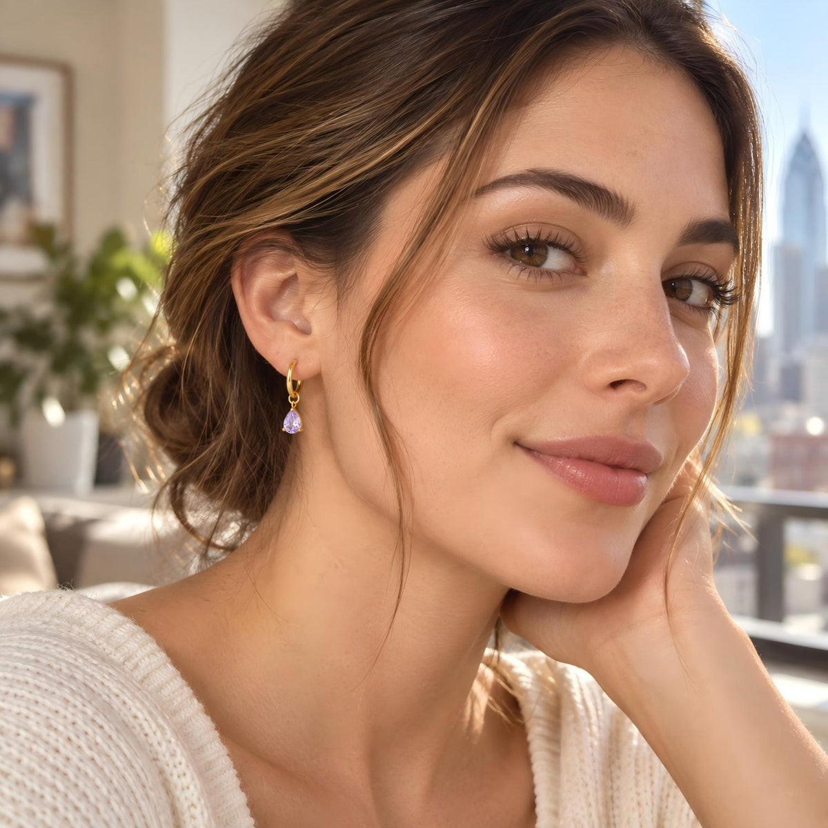 Single Teardrop CZ Gold F136 Titanium Charm Hoop Earring