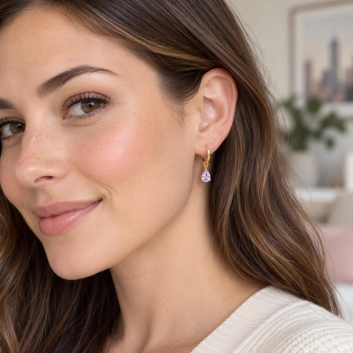 Single Teardrop CZ Gold F136 Titanium Charm Hoop Earring